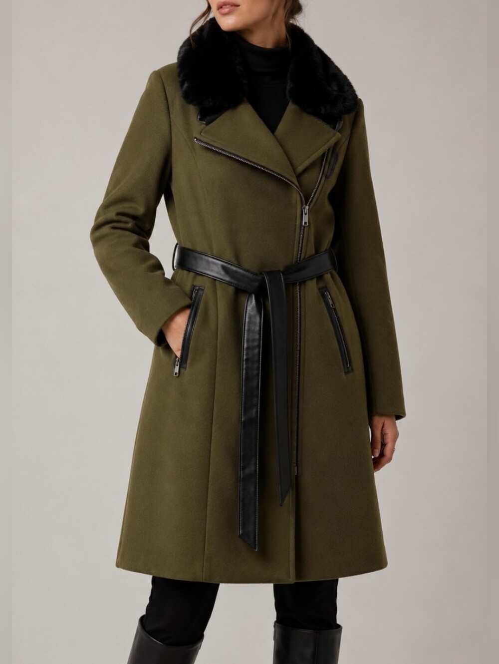 COALITION LA Olive Moto Coat Faux Fur Collar Vegan Leather Belt NWT S